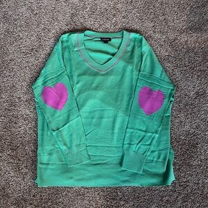 NWOT‎ Studio Park Green and Pink Heart Knit Sweater